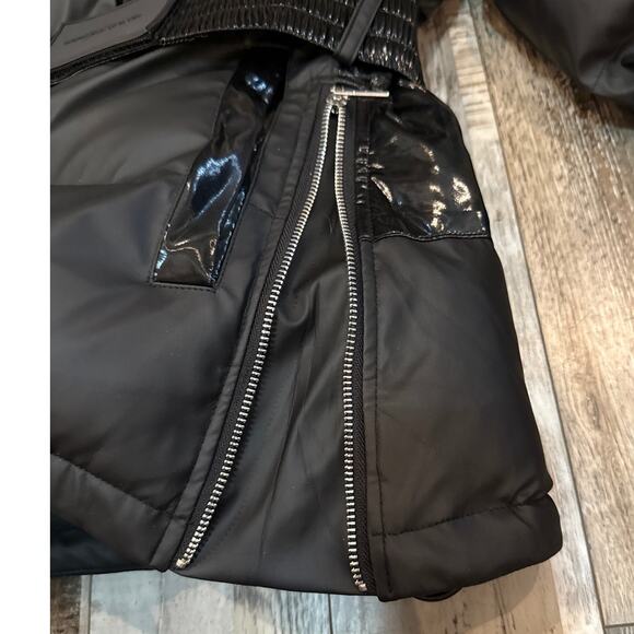 Maniere De Voir Matte & High Shine Belted Puffer Jacket Size 6 Black Mid Length - Picture 9 of 14